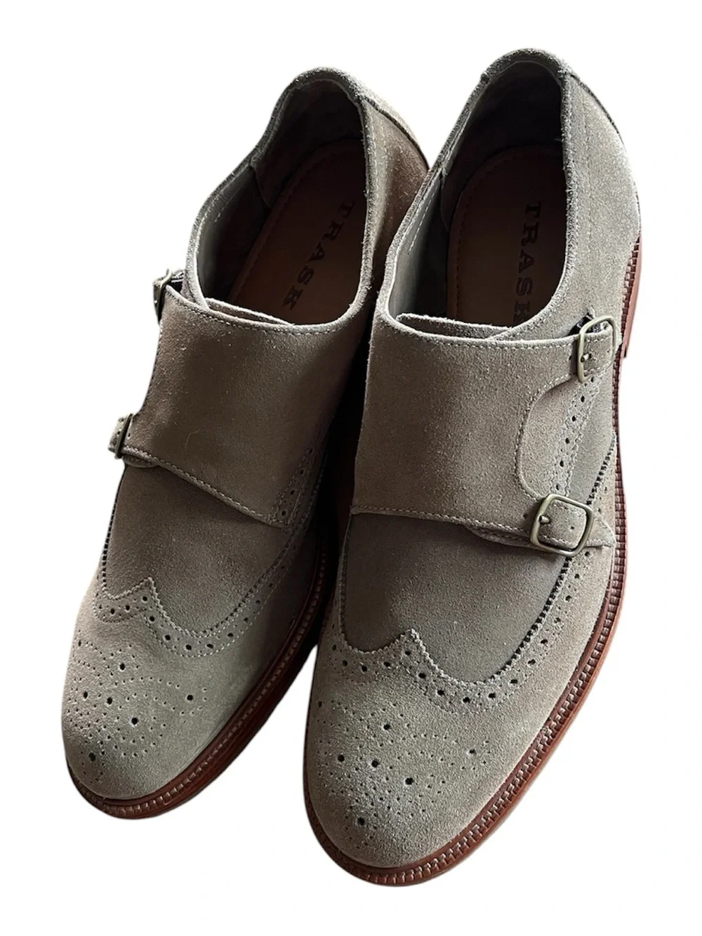Trask Dress Shoes Mens Size 10.5 Taupe Suede Double Monk Strap Wingtip